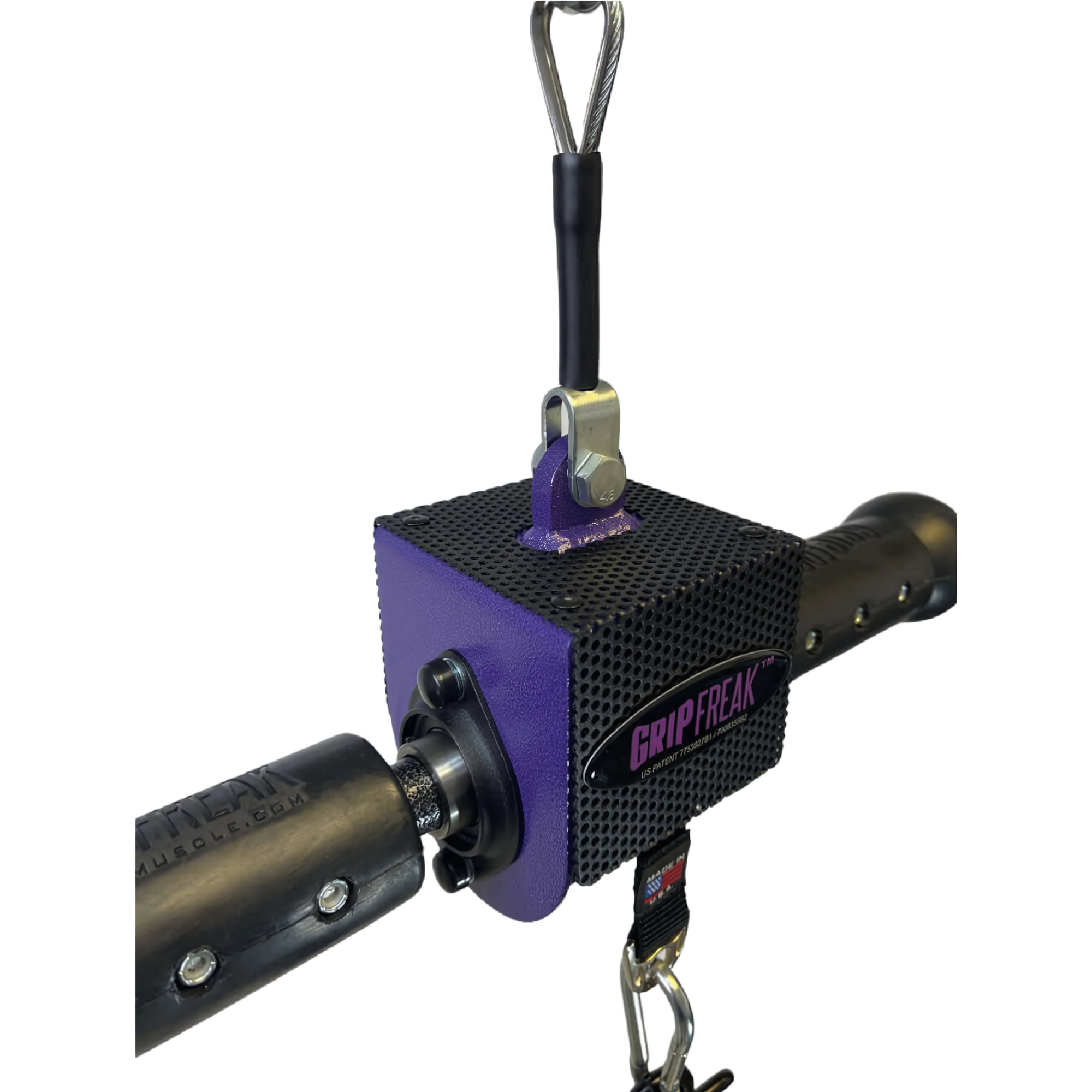 The GRIP FREAK Fat Grip Wrist Roller Forearm Workout Tool with plate holder, in black and purple, features handles and metal points—ideal for intense grip training, forearm exercises, and wrist roller workouts.