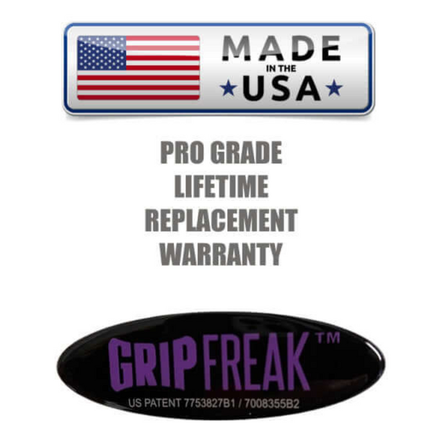 The GRIP FREAK Fat Grip WRIST ROLLER features a "Made in the USA" label, "Pro Grade Lifetime Replacement Warranty," and logo, highlighting its reliable craftsmanship. It's perfect for elevating your wrist roller routine and enhancing crushing grip torque.