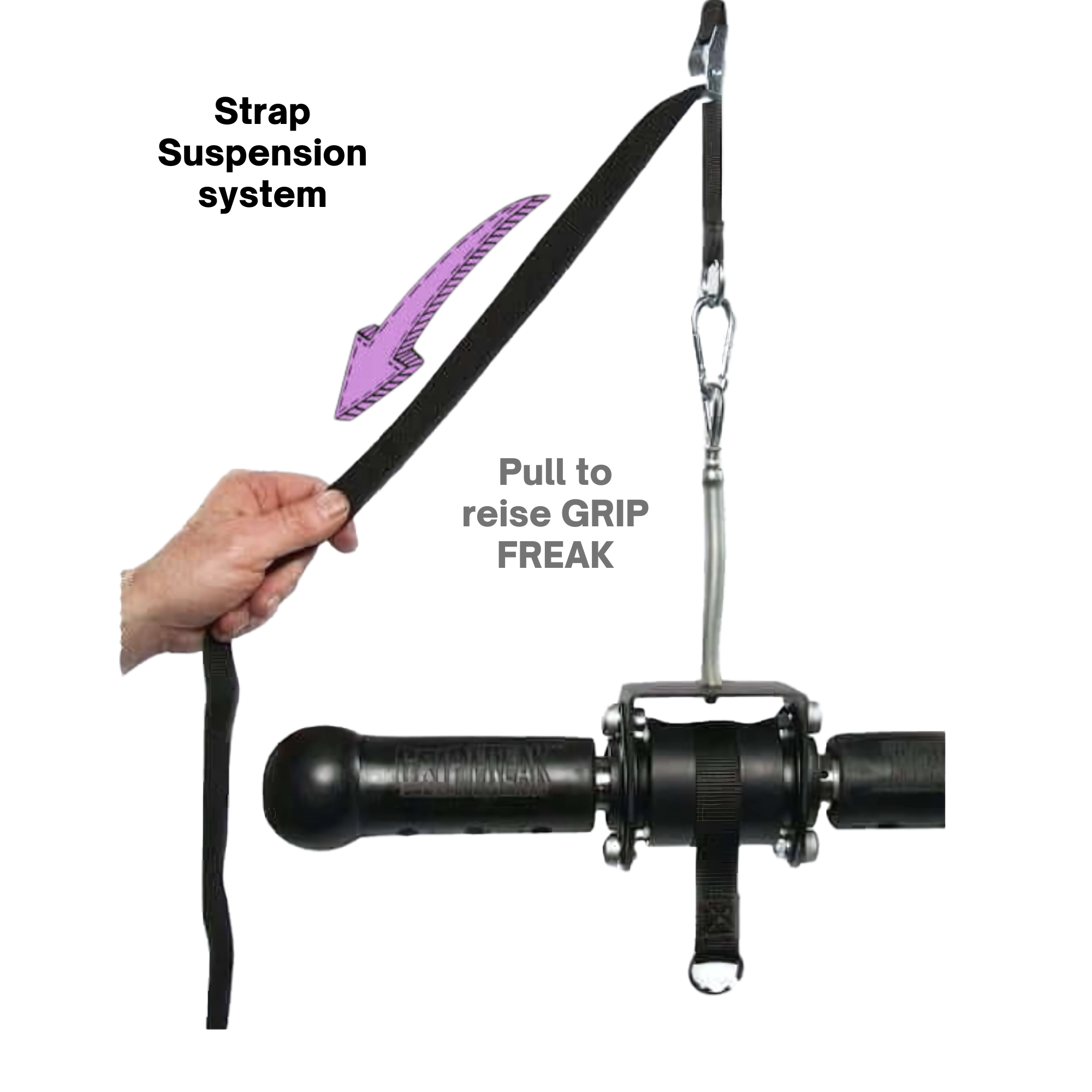 A hand pulls a black strap attached to the GRIP FREAK Fat Grip Wrist Roller Forearm Workout Tool - Plate Holder, with a purple arrow and text, ideal for effective forearm and grip strength exercises.