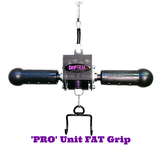 The GRIP FREAK Fat Grip WRIST ROLLER Forearm Workout Tool boasts heavy-duty dual black handles on a white background with purple accents, designed for ultimate wrist roller performance.