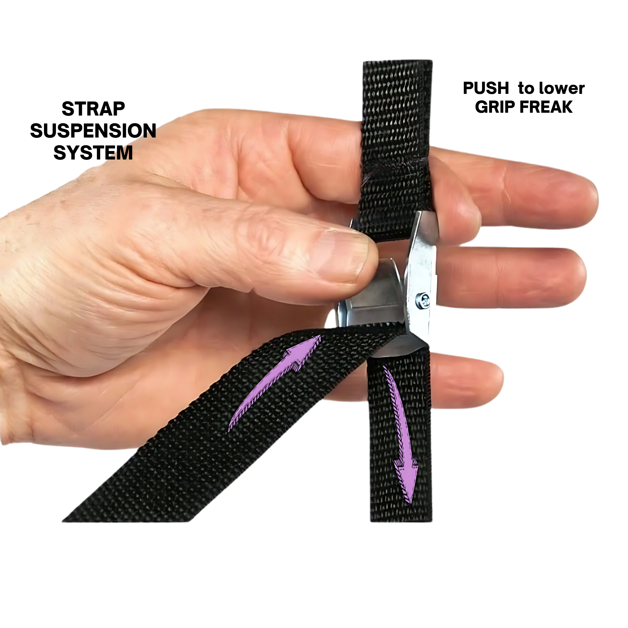 Thread the black strap through the metal buckle as shown by the purple arrows—ideal for setting up your GRIP FREAK Fat Grip Wrist Roller Forearm Workout Tool - Plate Holder for effective forearm exercises.