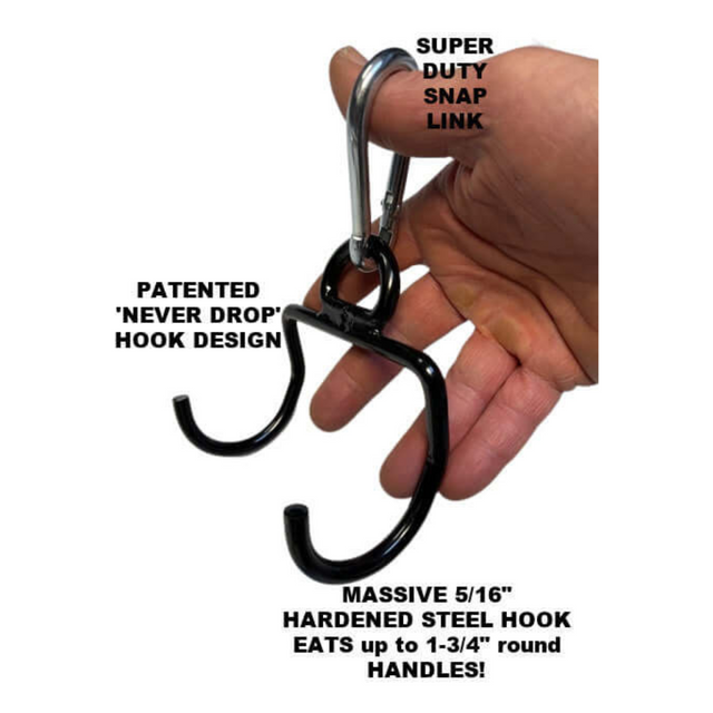 A hand displays the GRIP FREAK Fat Grip WRIST ROLLER, featuring black steel with dual hooks and a snap link. Perfect for enhancing your strength training routine with crushing grip torque.