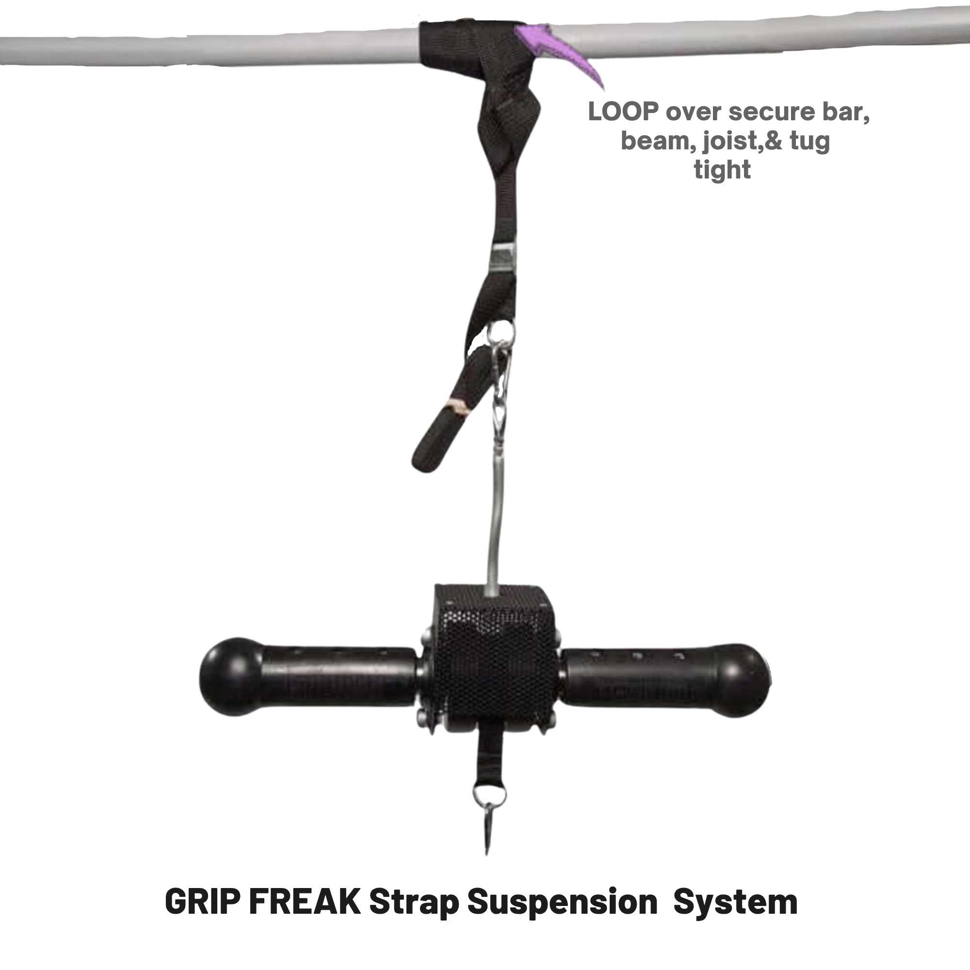 The GRIP FREAK Fat Grip Wrist Roller Forearm Workout Tool - Plate Holder is a black strap system with handlebar, looped over a bar and ideal for wrist roller movements and forearm exercises.