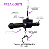 The GRIP FREAK Fat Grip Wrist Roller Forearm Workout Tool, featuring a roller unit and dumbbell hook with labeled features, is perfect for forearm exercises. "FREAK OUT!" is displayed at the top.