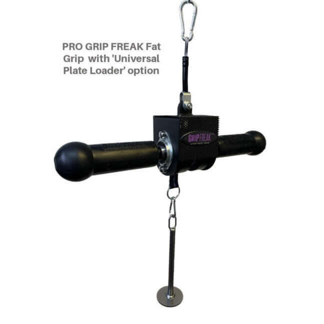 Black and silver GRIP FREAK Fat Grip WRIST ROLLER, with universal plate loader, enhances crushing grip torque.