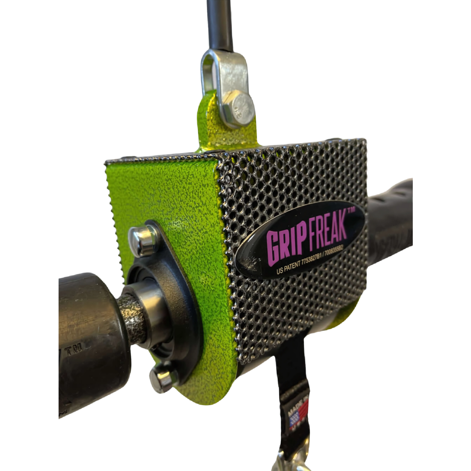 A close-up of the GRIP FREAK Fat Grip Wrist Roller Forearm Workout Tool with Plate Holder, featuring a textured metal surface and barbell attachment—perfect for building stronger forearms.