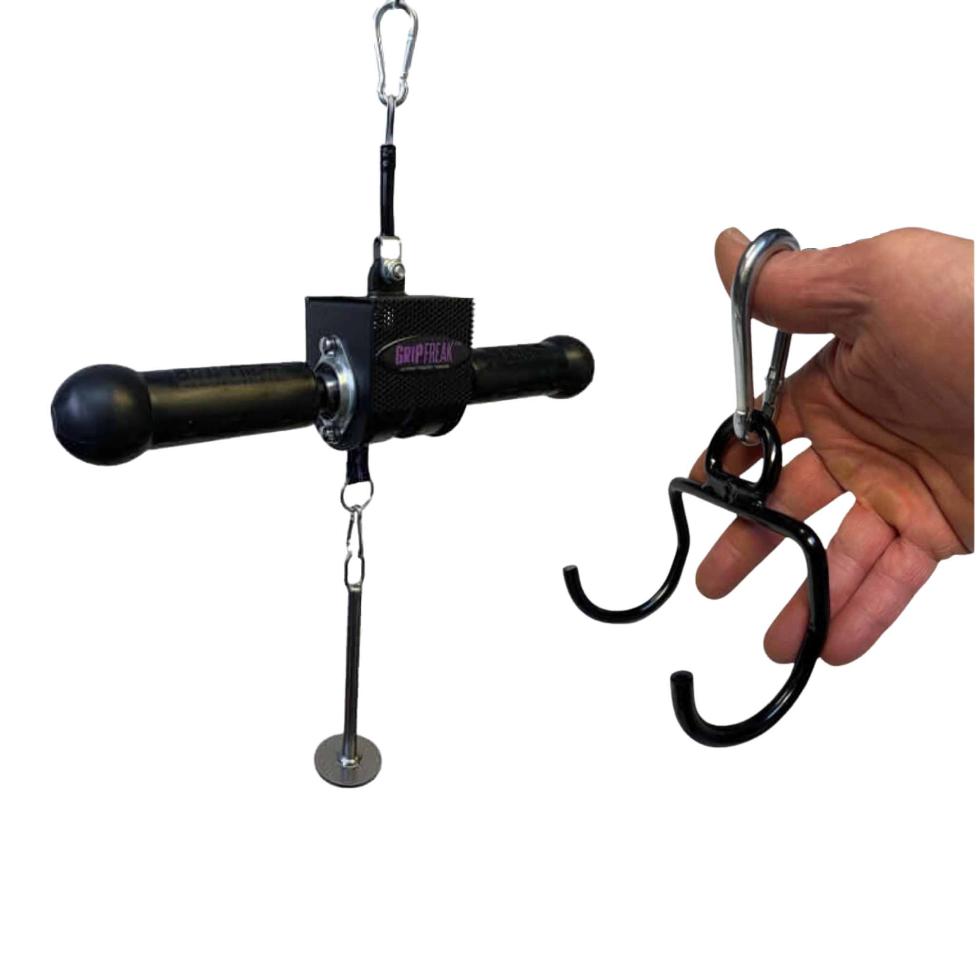 A hand holds a black metal hook; beside it is the GRIP FREAK Fat Grip Wrist Roller Forearm Workout Tool with a roller unit, weight plate holder, and dumbbell hook—ideal for grip strength and forearm workouts.