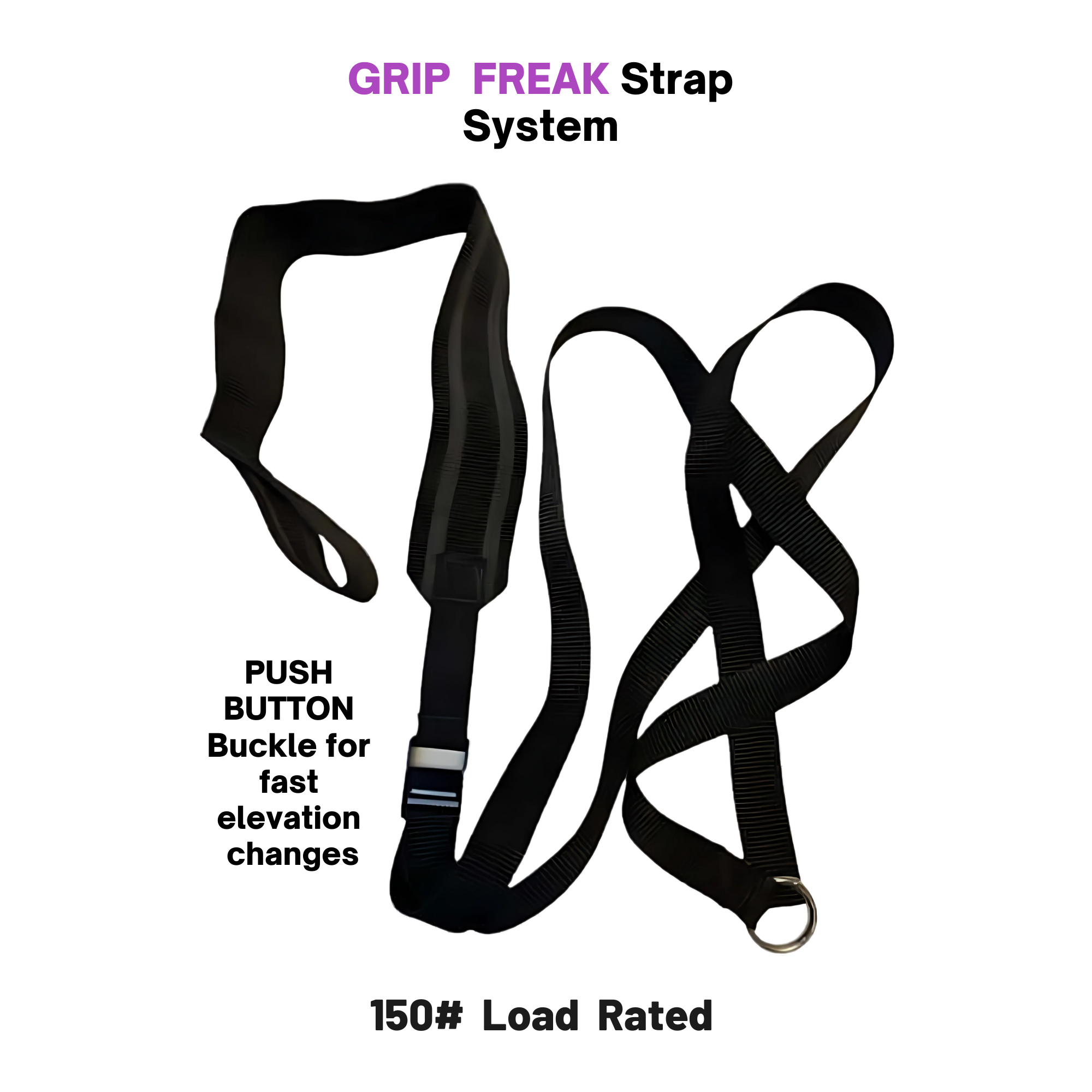 The GRIP FREAK Fat Grip Wrist Roller Forearm Workout Tool - Plate Holder features a black adjustable strap with loops and a metal ring, labeled "GRIP FREAK, 150# Load Rated," ideal for wrist roller and forearm exercises.