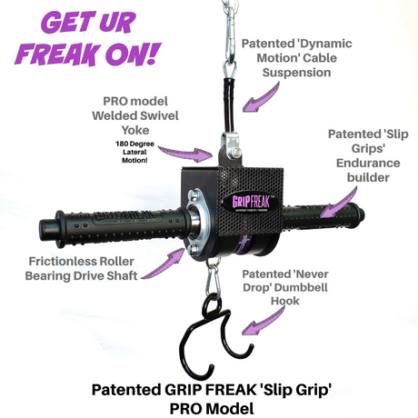 The GRIP FREAK 'Slip Grip' Brutal Hand Grip Strengtheners, with black handles and hooks accented by purple text, are ideal for enhancing grip strength and perfect for forearm workouts like wrist roller exercises.