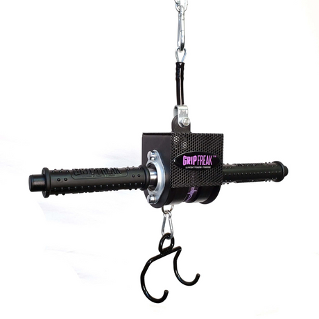 The "GRIP FREAK 'Slip Grip'" hand grip strengtheners use cylinders and hooks to provide an exceptional forearm workout and enhance grip strength, all set against a white background.