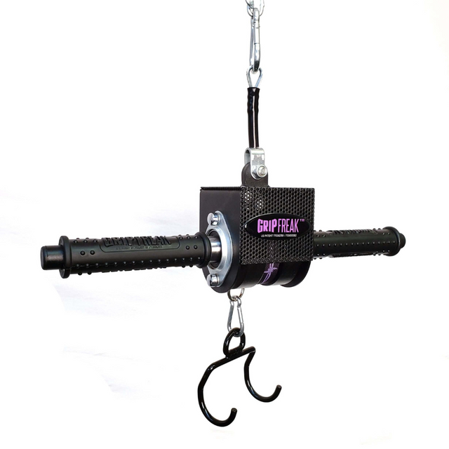 The "GRIP FREAK 'Slip Grip'" hand grip strengtheners use cylinders and hooks to provide an exceptional forearm workout and enhance grip strength, all set against a white background.