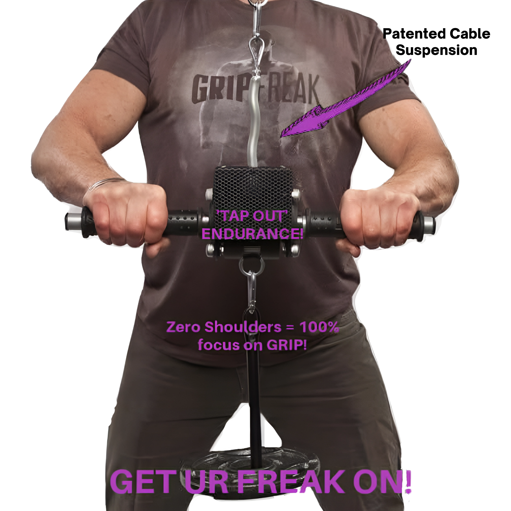 Man using the GRIP FREAK 'Slip Grip' Brutal Hand Grip Strengtheners - Plate Holder (N/C) with motivational text and arrows showing proper grip for an effective forearm workout.