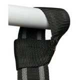 The GRIP FREAK 'Slip Grip' Brutal Hand Grip Strengthener features a black and gray strap for forearm workouts, securely stitched and looped over a white bar.