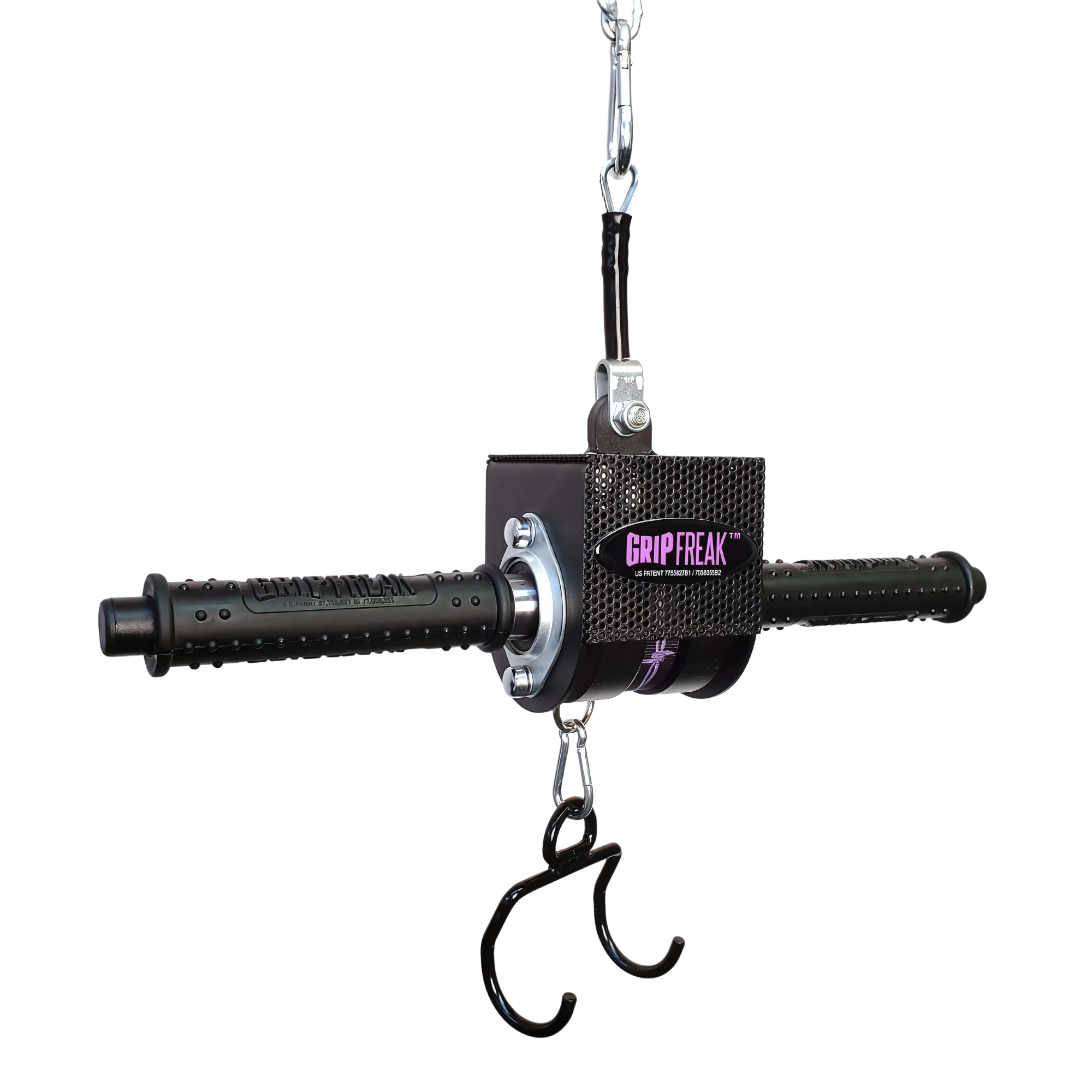The GRIP FREAK 'Slip Grip' Brutal Hand Grip Strengtheners - Plate Holder (N/C) features hooks and textured handles suspended by a chain, making it ideal for intense forearm workouts and serious grip training.