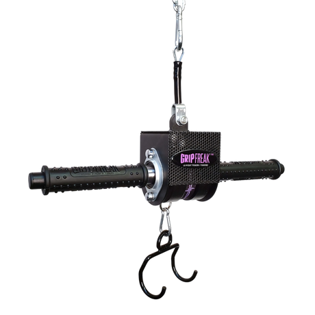 The GRIP FREAK 'Slip Grip' Brutal Hand Grip Strengtheners - Plate Holder (N/C) features hooks and textured handles suspended by a chain, making it ideal for intense forearm workouts and serious grip training.