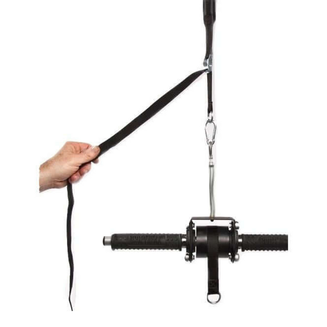 Adjusting the GRIP FREAK 'Slip Grip' Brutal Hand Grip Strengtheners—ideal for enhancing grip strength with its black workout pulley system, handles, and strap on a white background.