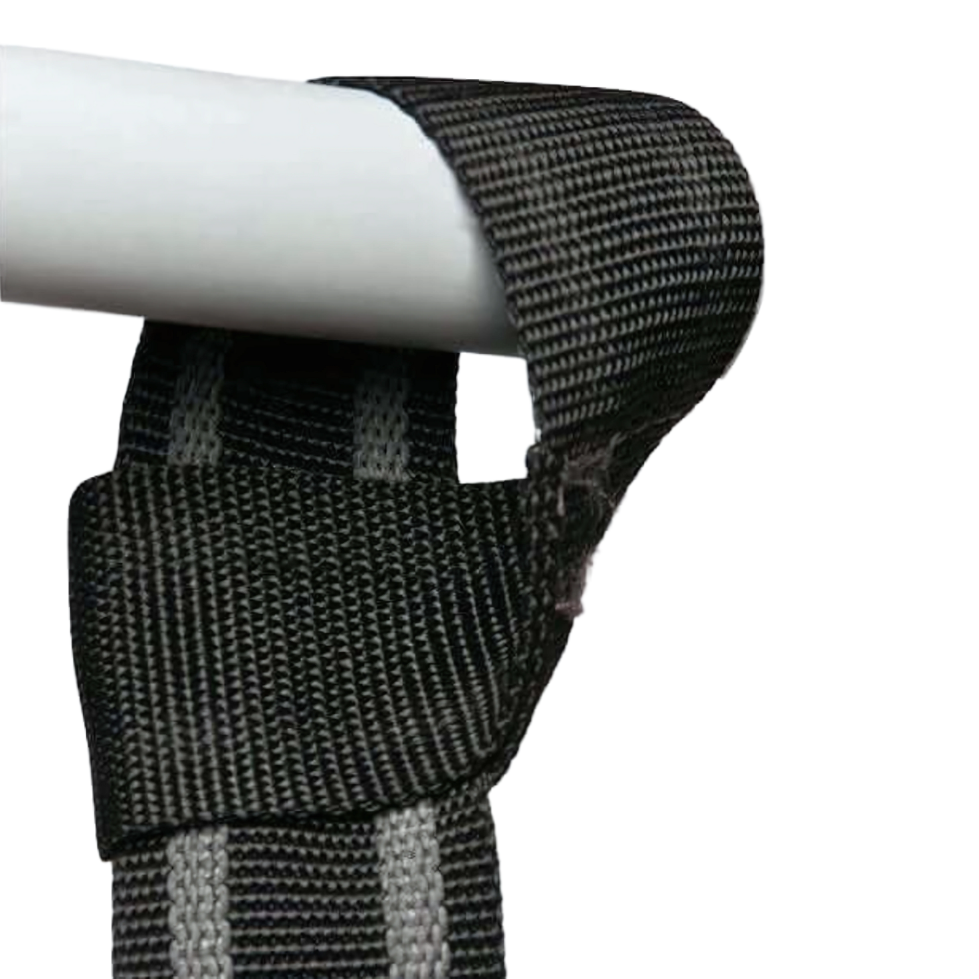 A close-up of the GRIP FREAK 'Slip Grip' Brutal Hand Grip Strengtheners - Plate Holder (N/C) in black and gray looped around a white bar, ideal for boosting forearm workouts and building grip strength.