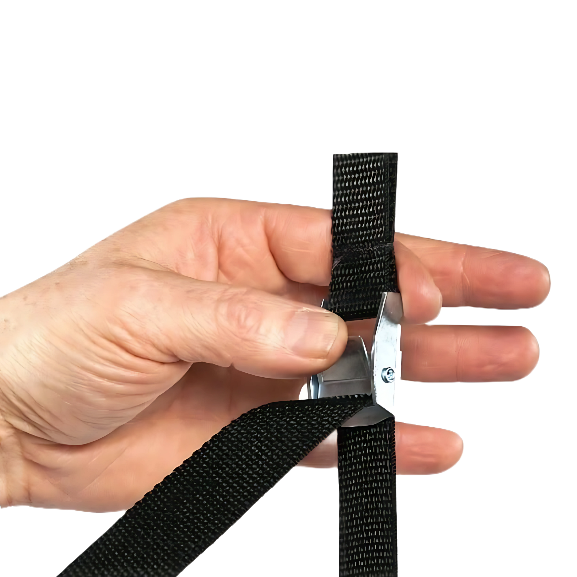 A hand threading the GRIP FREAK 'Slip Grip' Brutal Hand Grip Strengtheners - Plate Holder (N/C) through a metal cam buckle against a white background, demonstrating the powerful grip needed for intense forearm workouts.