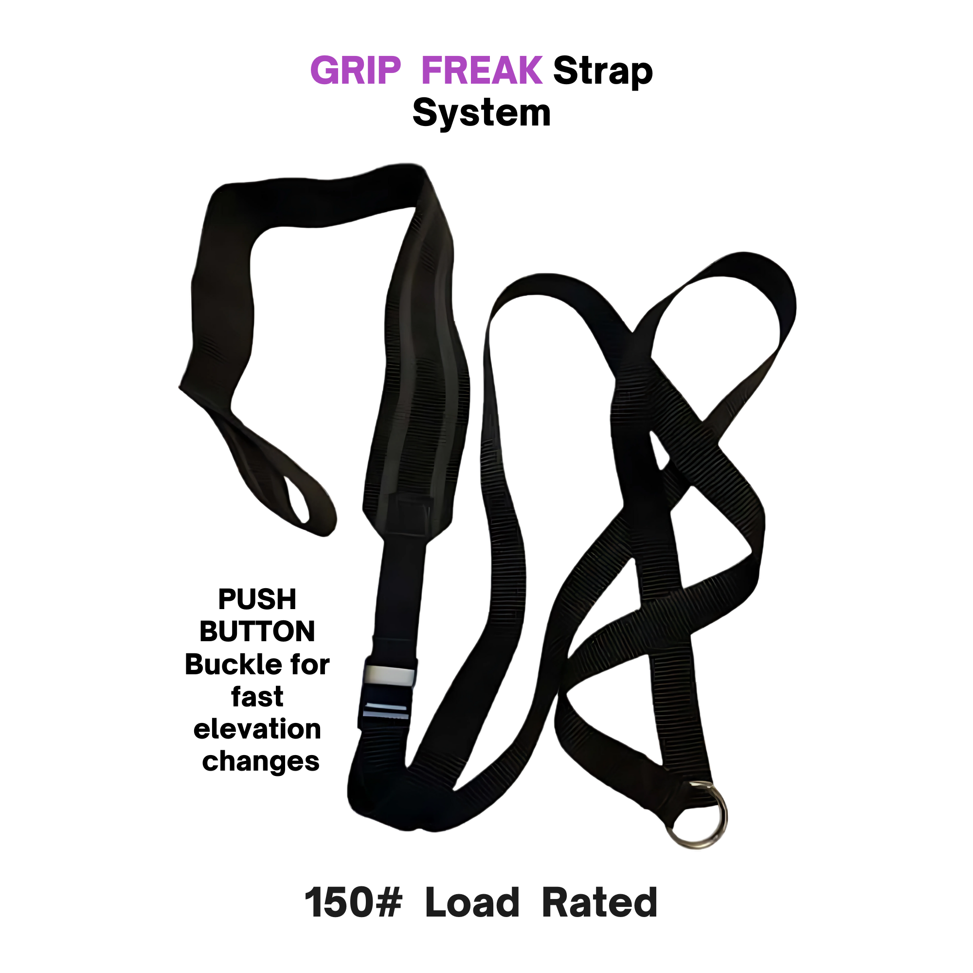 The GRIP FREAK 'Slip Grip' Brutal Hand Grip Strengtheners - Plate Holder (N/C) features a black adjustable strap with handles and metal ring, rated for 150# load—ideal for grip strength or intense forearm workouts.