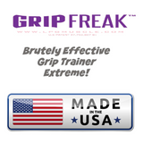Text reading "GRIP FREAK 'Slip Grip'" with a tagline "Brutal Hand Grip Strengtheners" focusing on enhancing grip strength and forearm workouts. Features a "Made in the USA" badge below.