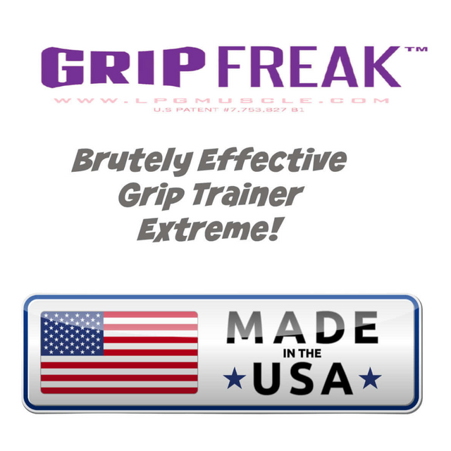 Text reading "GRIP FREAK 'Slip Grip'" with a tagline "Brutal Hand Grip Strengtheners" focusing on enhancing grip strength and forearm workouts. Features a "Made in the USA" badge below.