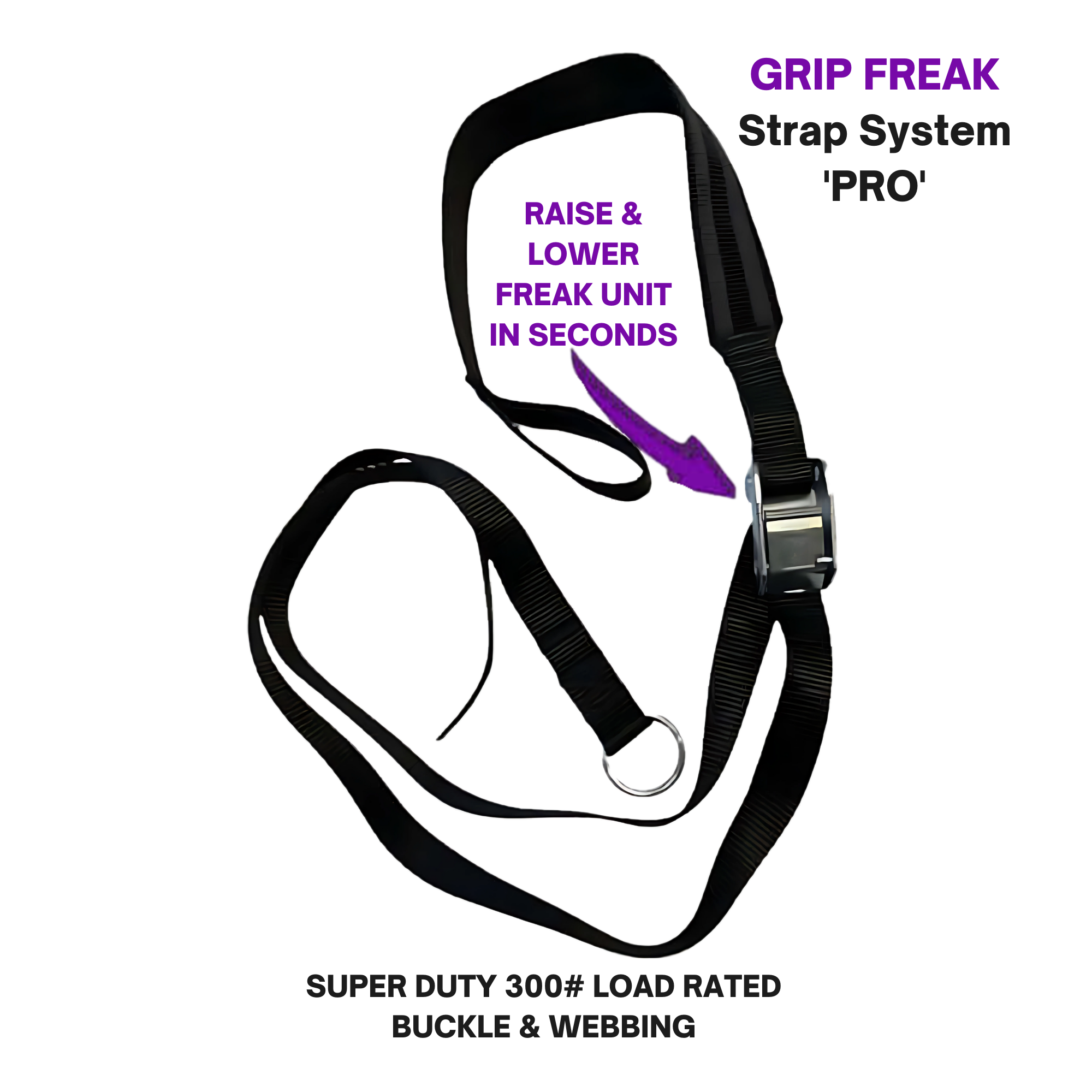 GRIP FREAK 'Slip Grip' Brutal Hand Grip Strengtheners - Plate Holder (N/C) features a black heavy-duty adjustable strap with silver buckle and purple instruction labels—perfect for wrist roller exercises to boost grip strength and forearm power.