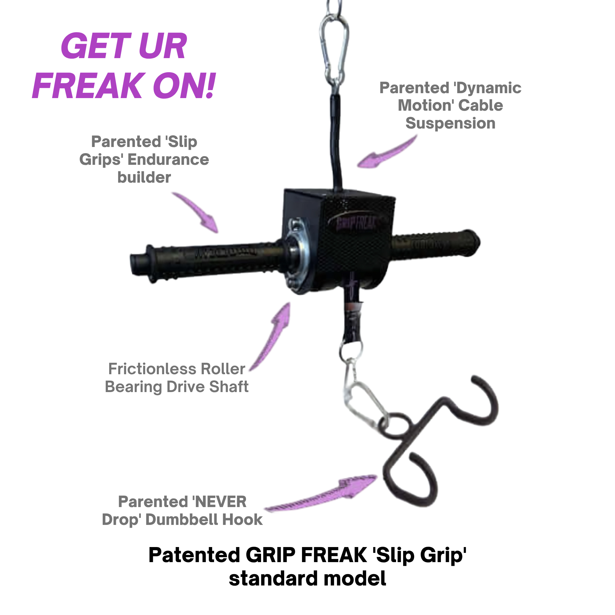 The GRIP FREAK 'Slip Grip' Brutal Hand Grip Strengtheners - Plate Holder (N/C) features labeled parts, ideal for forearm workouts and grip strength. Shows "GET UR FREAK ON!" in bold purple font.