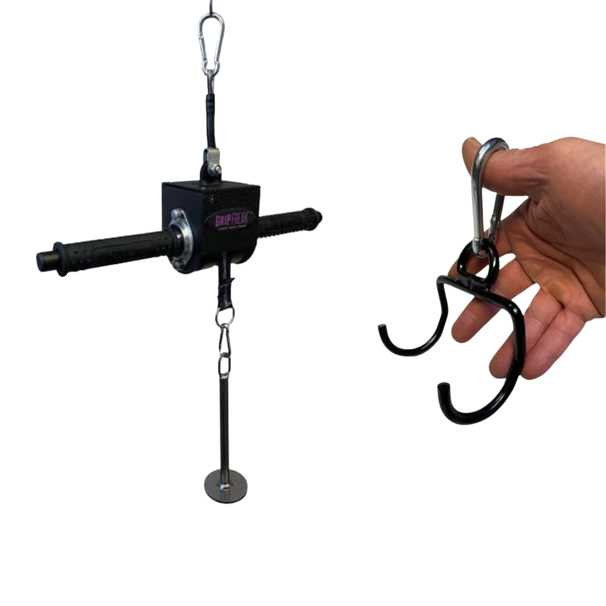 A hand grips the GRIP FREAK 'Slip Grip' Brutal Hand Grip Strengthener, a black tool with handles and metal attachments—perfect for grip targeting or an intense forearm workout.