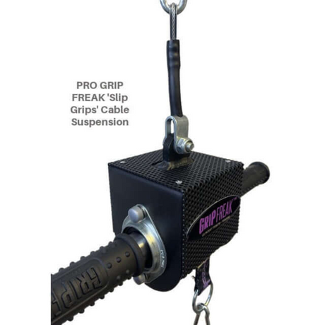 Black cable suspension with a textured grip handle and metal fittings, labeled "GRIP FREAK 'Slip Grip' Brutal Hand Grip Strengtheners," ideal for boosting grip strength during your forearm workout.
