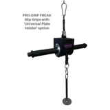 The "GRIP FREAK 'Slip Grip' Brutal Hand Grip Strengtheners" with slip grips and a universal plate holder are ideal for enhancing grip strength during forearm workouts.