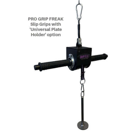 The "GRIP FREAK 'Slip Grip' Brutal Hand Grip Strengtheners" with slip grips and a universal plate holder are ideal for enhancing grip strength during forearm workouts.