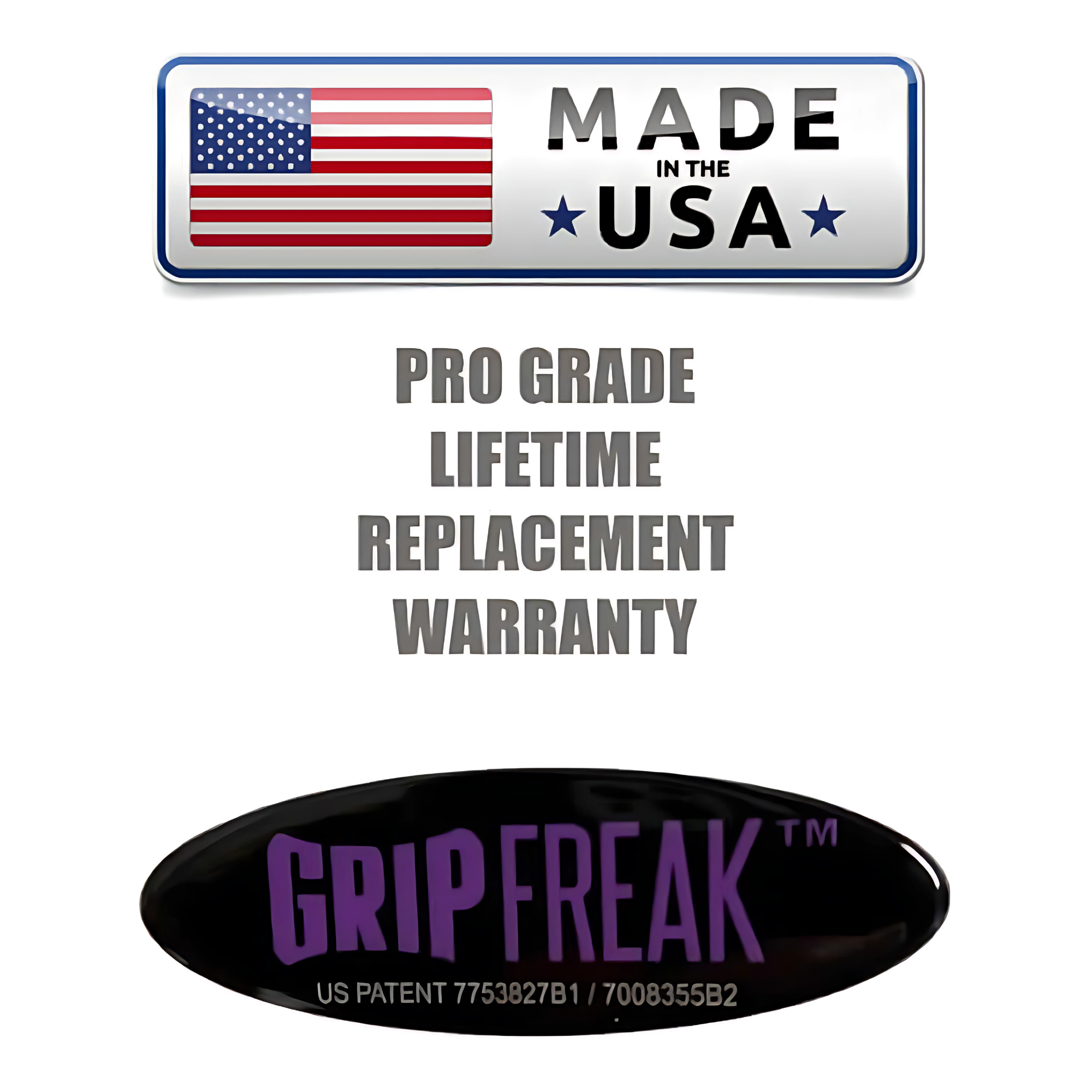 Showcase the "Made in USA" badge, warranty, and patented "Grip Freak" logo—ideal for your GRIP FREAK 'Slip Grip' Brutal Hand Grip Strengtheners - Plate Holder (N/C) and next-level grip workouts.