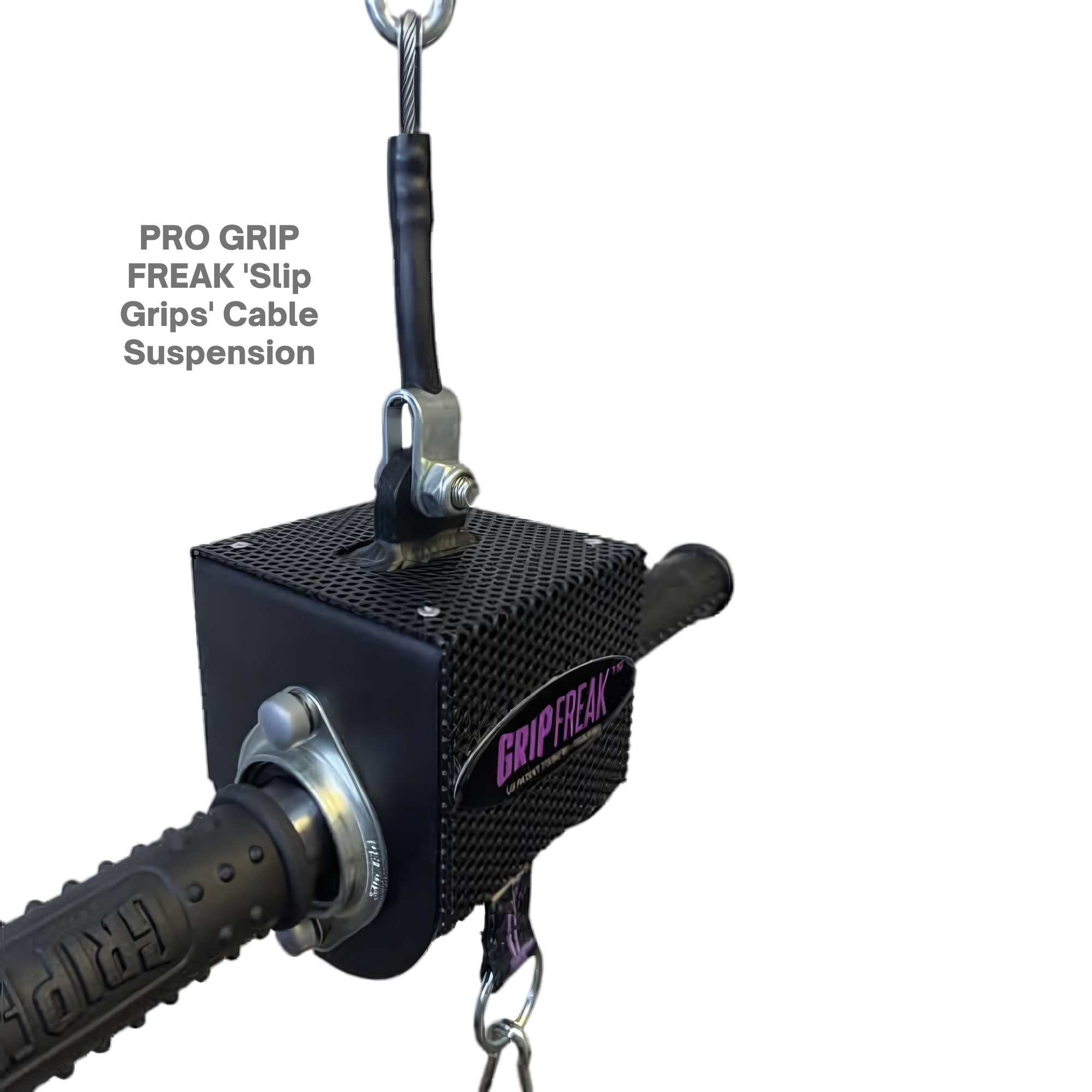 Black GRIP FREAK 'Slip Grip' Brutal Hand Grip Strengtheners - Plate Holder (N/C), shown holding a grip handle, designed for intense grip strength and forearm workouts, isolated on a black background.