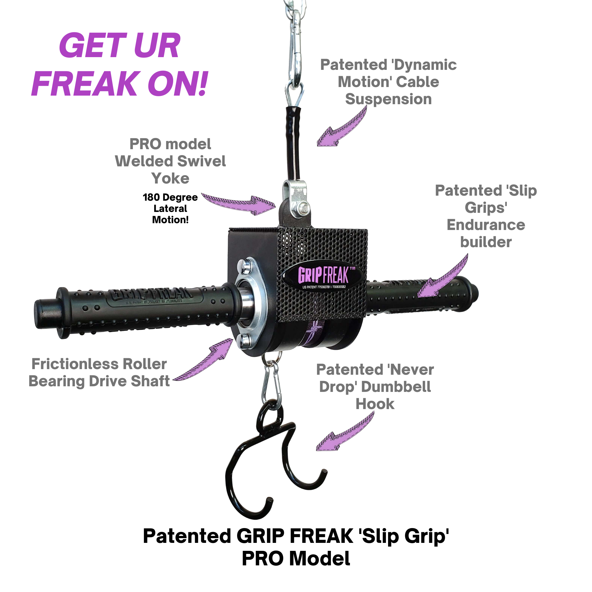 Black and silver GRIP FREAK 'Slip Grip' Brutal Hand Grip Strengtheners - Plate Holder (N/C), labeled features, ideal for forearm workouts and grip targeting. "GET UR FREAK ON!" appears in bold purple text above.