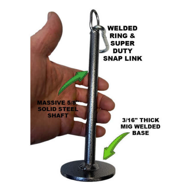 A hand grips a GRIP FREAK 'Slip Grip' Brutal Hand Grip Strengthener, featuring a metal tool with a sturdy base, shaft, ring, and snap link that enhances forearm workout grip strength.