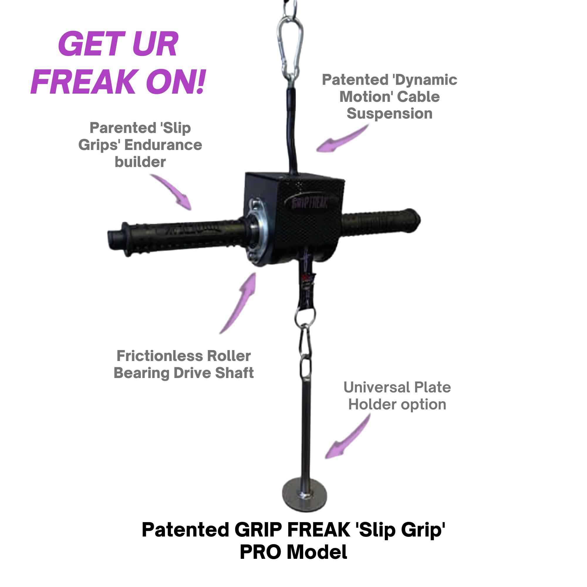 GRIP FREAK 'Slip Grip' Brutal Hand Grip Strengtheners - Plate Holder (N/C) with labeled features, designed for grip targeting and forearm workouts. “GET UR FREAK ON!” appears in bold purple letters at the top left.