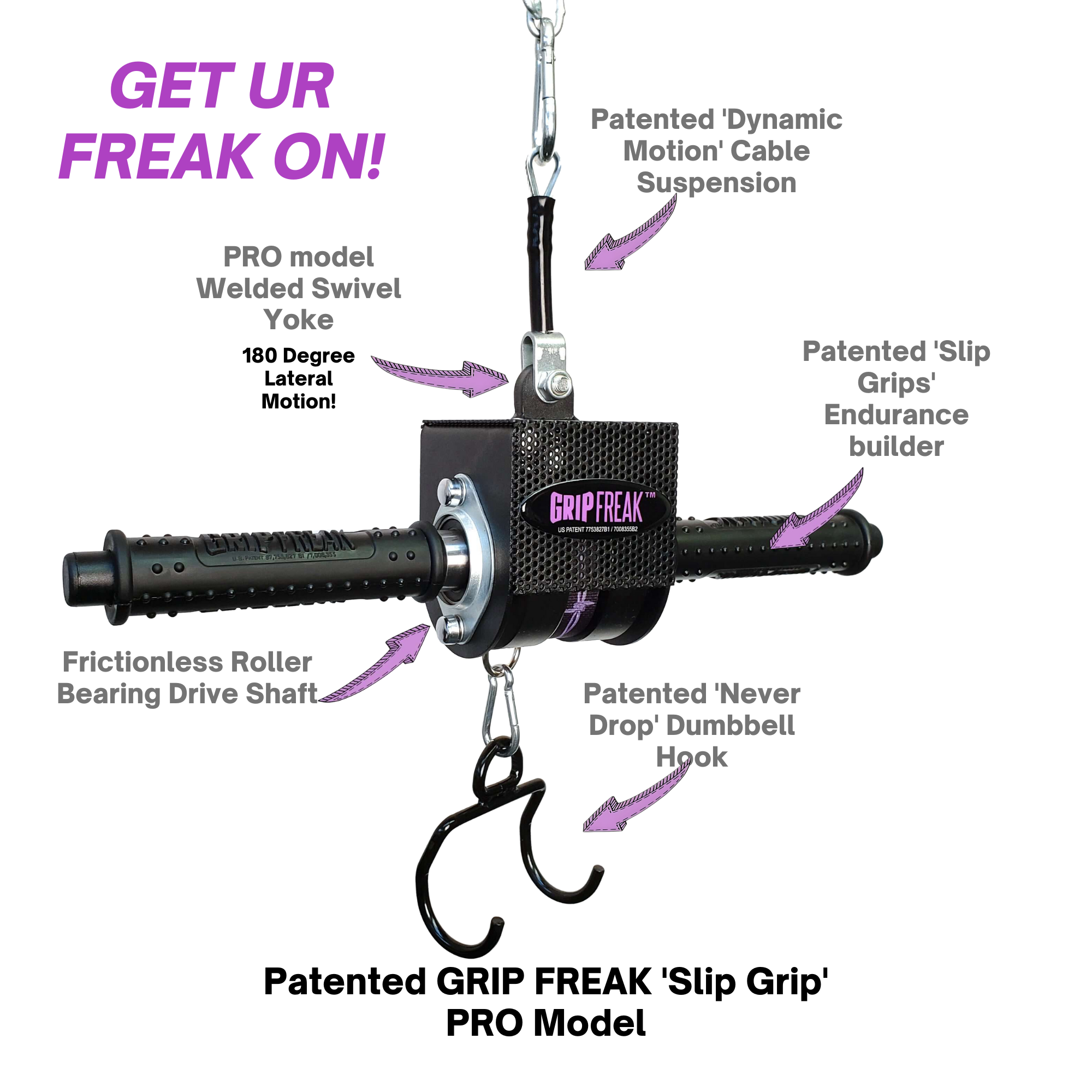 GRIP FREAK 'Slip Grip' Brutal Hand Grip Strengtheners - Plate Holder (N/C) features labeled parts like swivel yoke, cable suspension, slip grips, and hooks—ideal for forearm workouts and improving grip strength.