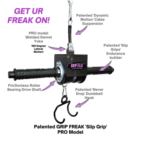 GRIP FREAK 'Slip Grip' Brutal Hand Grip Strengtheners - Plate Holder (N/C) features labeled parts like swivel yoke, cable suspension, slip grips, and hooks—ideal for forearm workouts and improving grip strength.