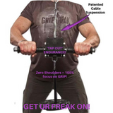 A man using the GRIP FREAK 'Slip Grip' Brutal Hand Grip Strengtheners with cable suspension focuses on grip strength and endurance, offering a shoulder-free experience. Ideal for enhancing forearm workouts without strain.
