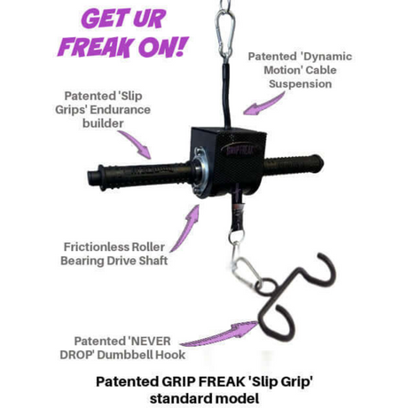 Image of the GRIP FREAK 'Slip Grip' Brutal Hand Grip Strengtheners with labels highlighting key features, including an innovative design for enhanced grip strength and an efficient wrist roller mechanism for a comprehensive forearm workout.
