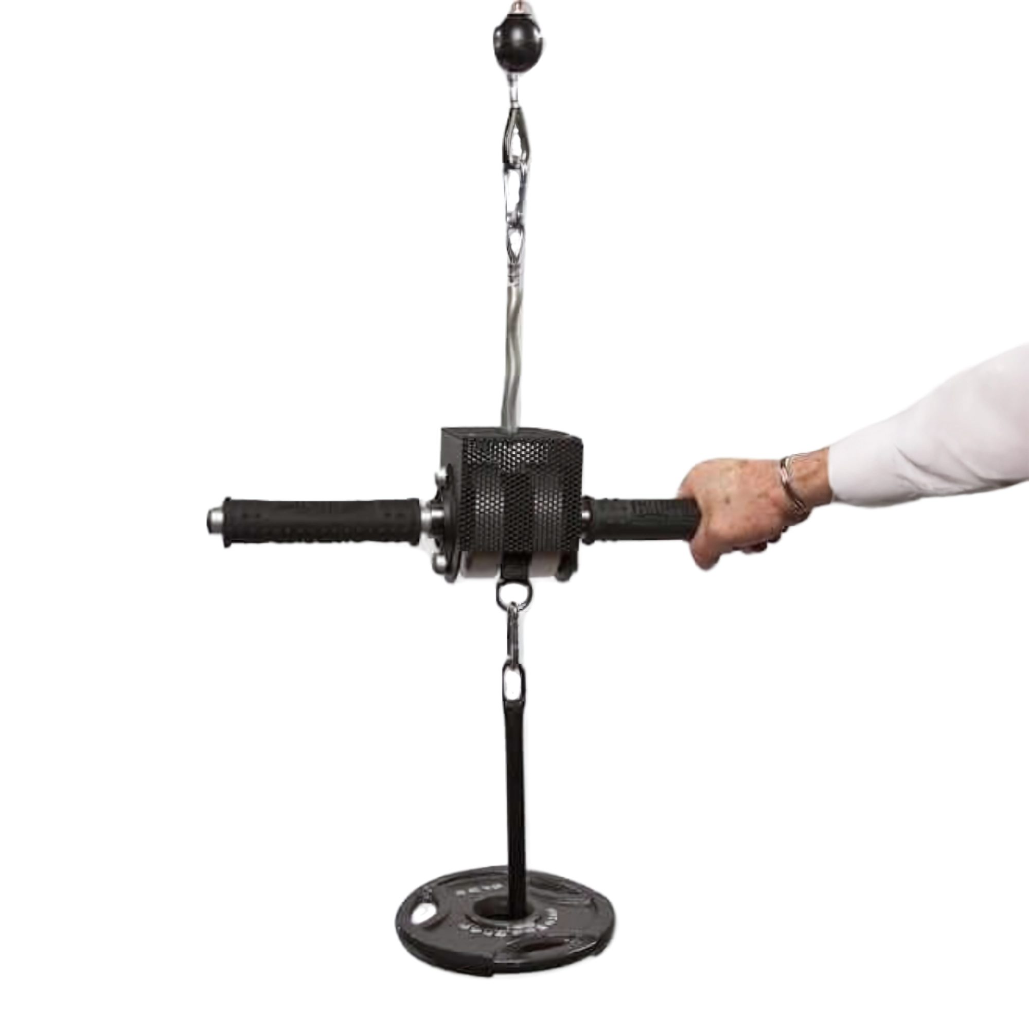 A hand grips the GRIP FREAK 'Slip Grip' Brutal Hand Grip Strengtheners - Plate Holder (N/C), perfect for building grip strength and enhancing your forearm workout by attaching weights with a secure chain mechanism.