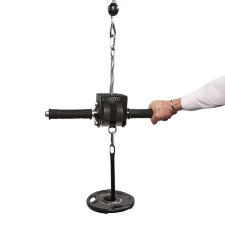 A hand grips the GRIP FREAK 'Slip Grip' Brutal Hand Grip Strengtheners - Plate Holder (N/C), perfect for building grip strength and enhancing your forearm workout by attaching weights with a secure chain mechanism.