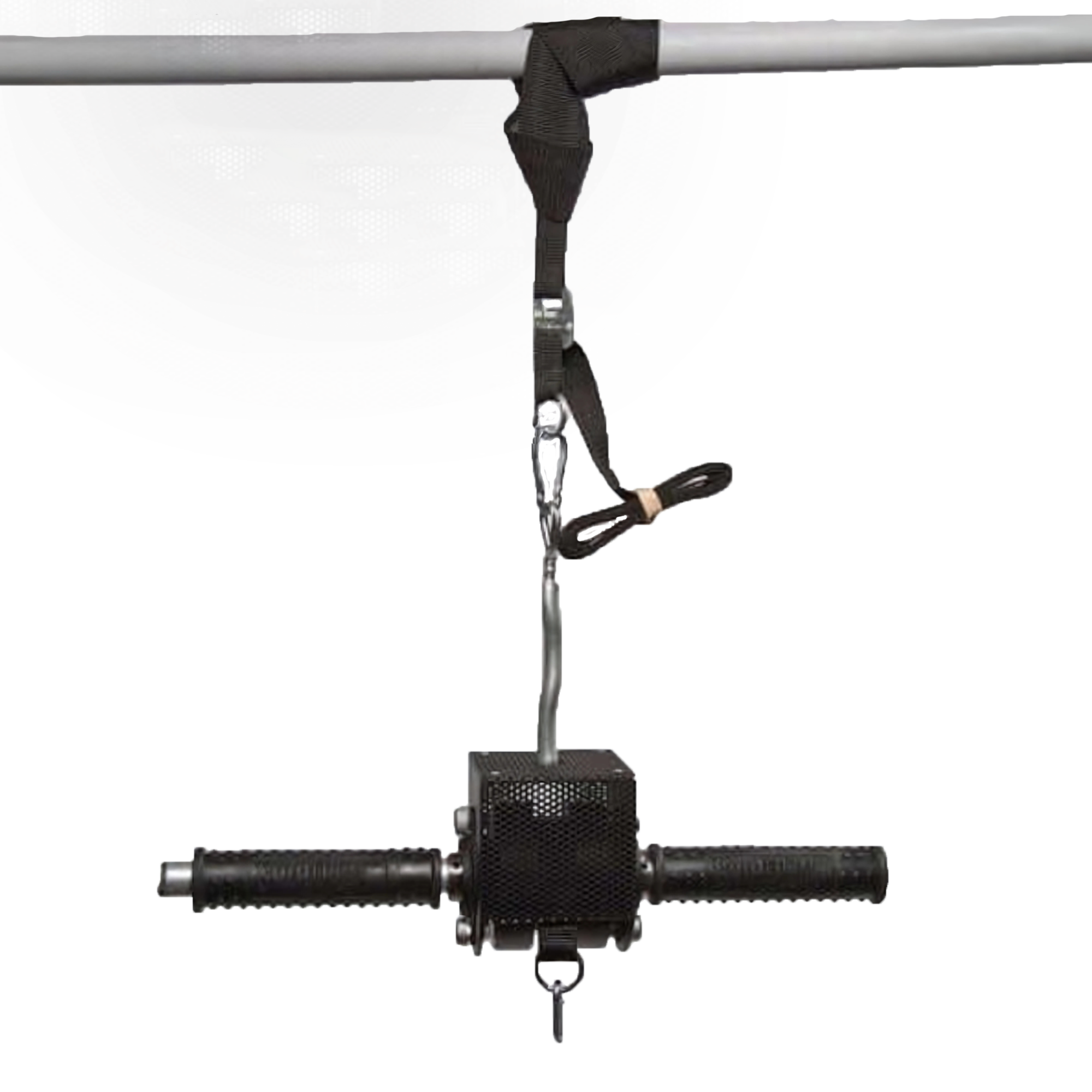 The GRIP FREAK 'Slip Grip' Brutal Hand Grip Strengtheners - Plate Holder (N/C) features a black handle with grip on a strap and metal bar, perfect for pulley or cable exercises to boost grip force and forearm strength.