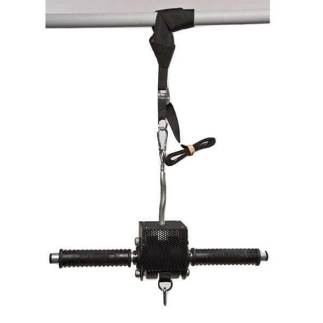 Black GRIP FREAK Universal Suspension Strap System, featuring a gym pulley with handles and a Grip Trainer strap for weightlifting exercises.