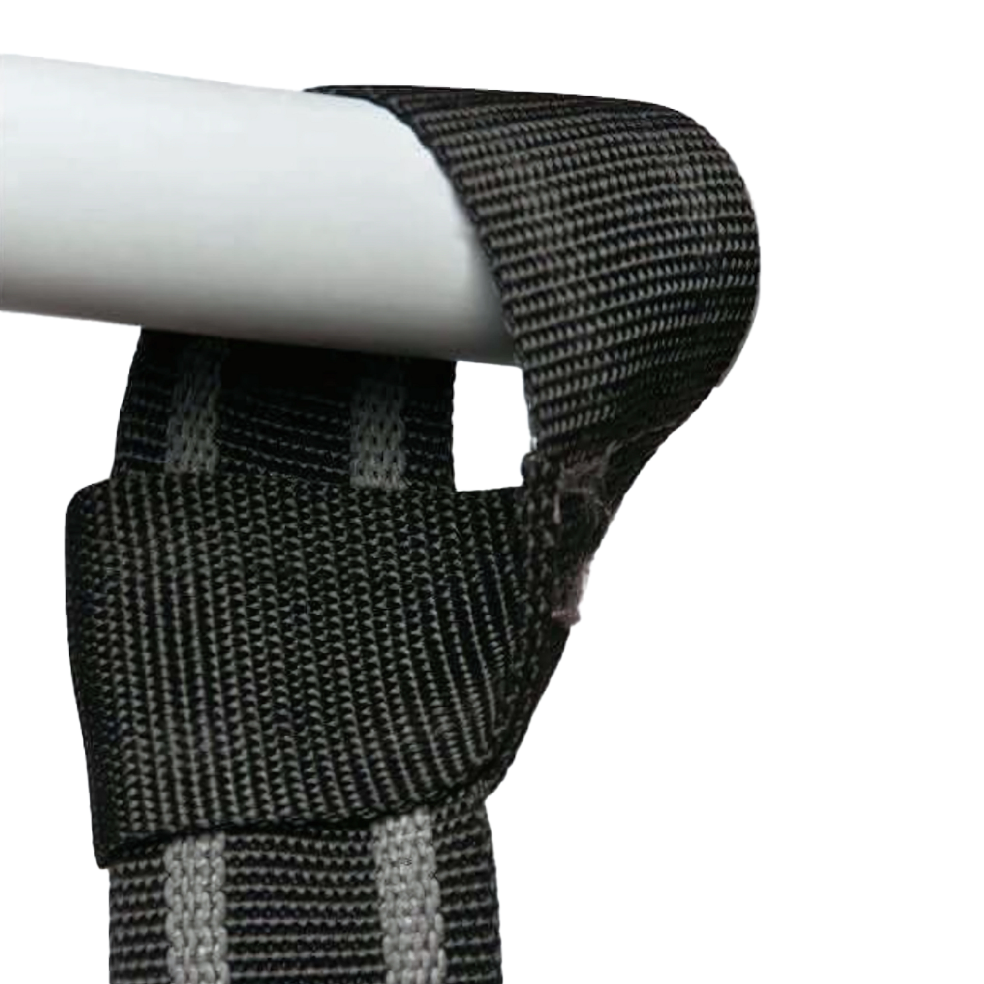 The GRIP FREAK Universal Suspension Strap System features black and gray straps looped around a white metal bar with reinforced stitching, making it ideal for grip and forearm workouts.