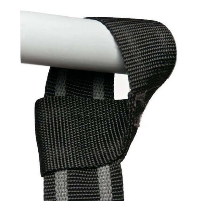 Close-up of the GRIP FREAK Universal Suspension Strap System in black and gray, secured around a white cylindrical object for forearm workouts.