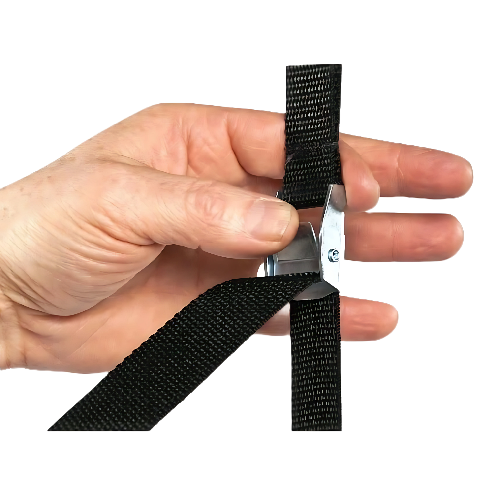A hand threads a black strap from the GRIP FREAK Universal Suspension Strap System for Forearm Workout Tools through a metal buckle against a white background.