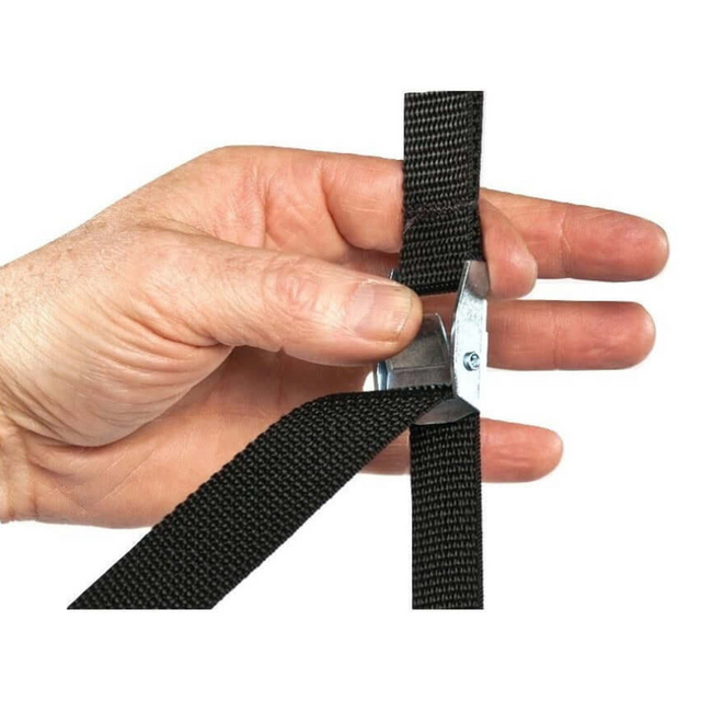 A hand adjusts a black strap through a metal buckle, highlighting the innovative GRIP FREAK Universal Suspension Strap System, enhancing your control for forearm workouts.