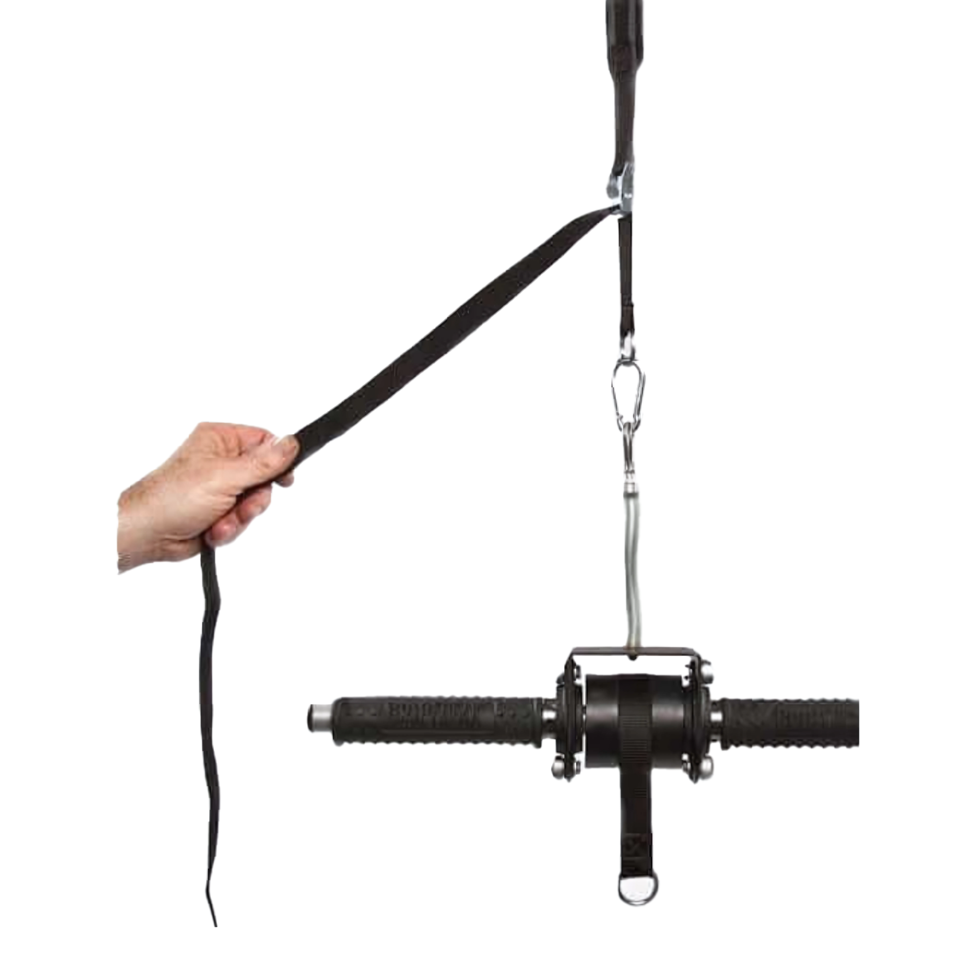 A hand holds the GRIP FREAK Universal Suspension Strap System, a black wrist roller exercise device suspended by a clip, ideal for grip and forearm training.