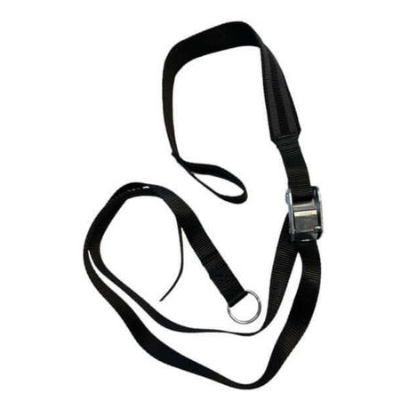 Black nylon strap with a metal buckle and ring, part of our innovative GRIP FREAK Universal Suspension Strap System for ultimate control in forearm workouts.
